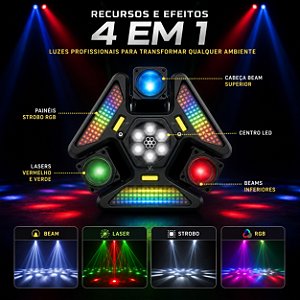 Moving Head Bee Eye 15 LEDs RGBW Profissional Bivolt DMX Wash Beam Strobo para DJ, Festas, Shows e Eventos