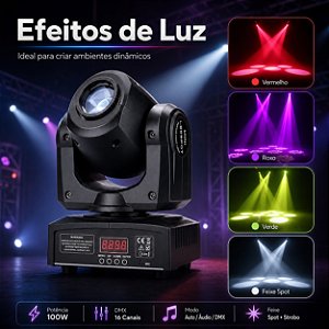 Moving Head Spot Beam LED RGB 40W Profissional Bivolt DMX Strobo para DJ, Palcos, Festas e Eventos