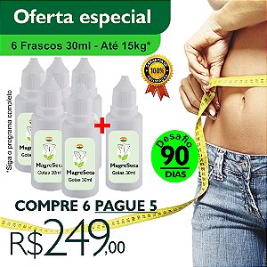 Perca até 15kg/90dias* - Kit 6 Gotinha Natural Magreseca - 5 Frascos 30ml + 1 Grátis.