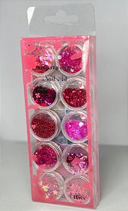 Kit Glitter Flocado Com 10 cores Nails Art Rosa