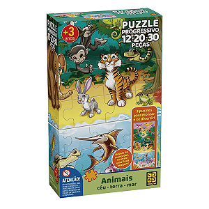 Puzzle Progressivo Animais Ceu, Terra e Mar 12/20/30 Peças Grow