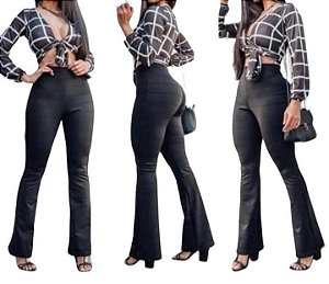 Calça De Bandagem Alta Costura Boca Larga Flare