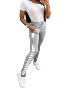 Calça Legging De Cotton Com Faixas Laterais