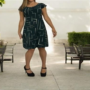 Vestido Malha Viscolycra Estampado Labirinto Manga Curta