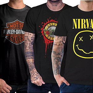 Camiseta preta rock  Guns Nirvana harley