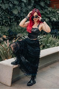 Saia preta longa de tule
