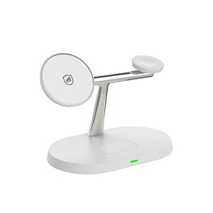 Carregador Wireless 3 em 1 MagSafe - para Smartphone, Smartwatch e Fones de Ouvido - Branco, USB-C, 15W - Dock Station - Gshield
