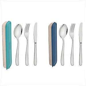 Kit 2 Conjunto Talher Aço Inox Marmita Estojo Tramontina