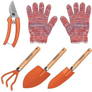 Kit Jardinagem Completo Tramontina 5 Peças c/ Luva, Tesoura, Pazinhas e Ancinho