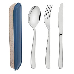 Kit Conjunto Talher Aço Inox Marmita Estojo Azul Tramontina