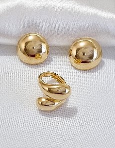 Conjunto Brinco Oval Liso Botão + Anel Regulável