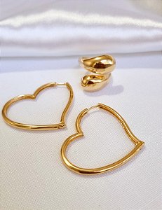 Conjunto Brinco Argola Coração + Anel Regulável