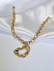 Pulseira Elo Português + Pingente Coração Orgânico