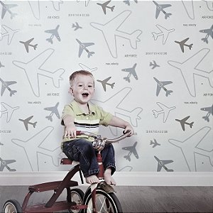 Papel de Parede Infantil Aviões Cinza e Bege - Coleção Yoyo 2 Kantai