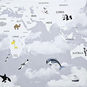 Papel de Parede Infantil Mapa Mundi Cinza - Coleção Yoyo 2 Kantai