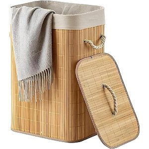 Cesto de Roupas Dobrável Bambu Premium Retangular 60cm Multiuso