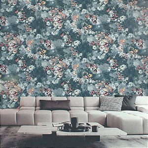Papel de Parede Floral Azul Jeans Detalhes em Brilho - Coleção Poet Chart 4 | Kantai