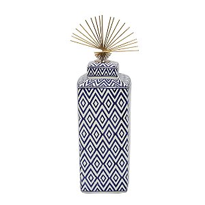 Pote Decorativo Cerâmica Azul E Branco Losango Grande