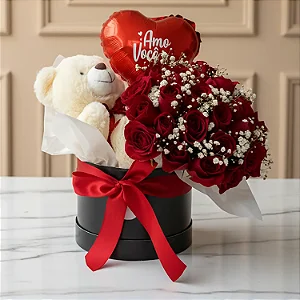 BOX LUXUOSO DE ROSAS VERMELHAS COM URSINHO E BALÃO