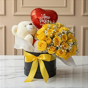 Box Luxuoso De Rosas Amarelas Com Ursinho E Balão