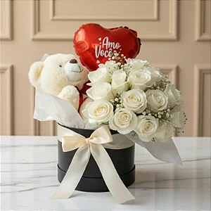Box Luxuoso De Rosas Brancas Com Ursinho E Balão