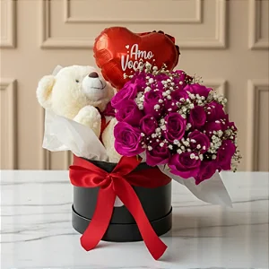 Box Luxuoso De Rosas Pink Com Ursinho E Balão