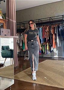 Saia Midi Jeans Marmorizada