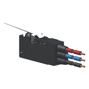 Microrutor Miniat.Protegido 6A Contato Na+Nf Alavanca Rígida Plana Próxima Ao Botão, 3 Cabos De Ligação 18 Awg, Na Azul, MVP6G4W Kap