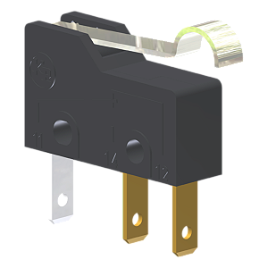 Microrutor Subminiatura 5A, 1Na+1Nf, Alavanca Rígida Curta Com Rolete Simulado, Terminal Faston 2,8X0,5Mm MM1D1NF Kap