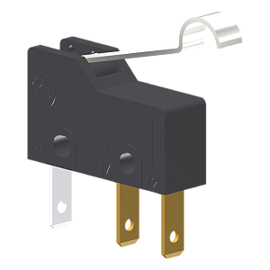Microrutor Subminiatura 5A, 1Na+1Nf, Alavanca Rígida Curta Com Rolete Simulado, Terminal Faston 2,8X0,5Mm MM1D2NF Kap