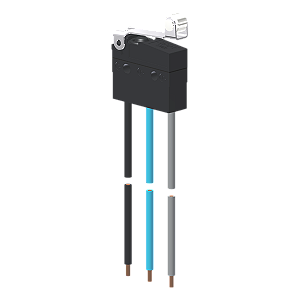 Microrutor Subminiatura Protegido 10A Contato Na+Nf Alavanca Flexível Curta C/ Roldana, 3 Cabos De Ligação, 20 Awg, Na A MMP1R1NW Kap