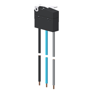 Microrutor Subminiatura Protegido 10A Contato Na+Nf Alavanca Flexível Curta, 3 Cabos De Ligação, 20 Awg, Na Azul, Nf Cin MMP1E1NW Kap
