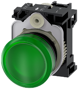 Indicador Luminoso 22 Mm Redonda Plástico Verde Lente Plano Com Suporte Módulo Led Com Led Integrado 230 V Ca Conexão Parafusada Luz De Aviso Sirius Act Para A Sinalização De Estados De Comutação Ou Avarias Em Instalações 3SU1106-6AA40-1AA0 Siemens