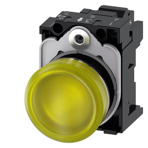 Indicador Luminoso 22 Mm Redondo Metal De Alto Brilho Amarelo Lente Plano Com Suporte Módulo Led Com Led Integrado 230 V Ca Conexão De Mola Luz De Aviso Sirius Act Para A Sinalização De Estados De Comutação Ou Avarias Em 3SU1156-6AA30-3AA0 Siemens