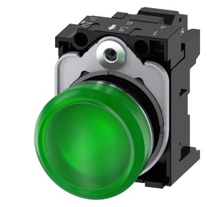 Indicador Luminoso 22 Mm Redondo Metal De Alto Brilho Verde Lente Plano Com Suporte Módulo Led Com Led Integrado 230 V Ca Conexão De Mola Luz De Aviso Sirius Act Para A Sinalização De Estados De Comutação Ou Avarias Em 3SU1156-6AA40-3AA0 Siemens
