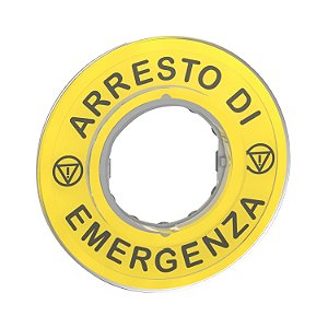Legend, Plastic, Yellow, Ø90, For Emergency Stop, Marked Arresto De Emergenza With Logo Iso13852 ZBY9620 SCHNEIDER