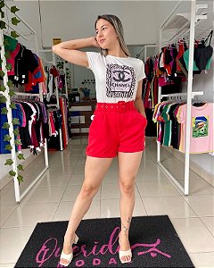 Shorts Alfaiataria Social Tradicional Vermelho Cintura Alta Cinto