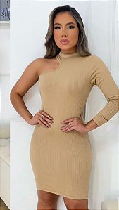 Vestido Canelado Manga Mula Manca Longo Com Gola