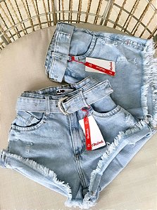 Shorts Jeans Claro Barra Dobrada Cinto jeans Com Fivela