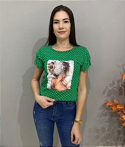 Blusa Camiseta Verde Bolinha 3D Manga Curta