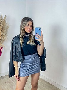Saia Cirre Curta Feminina Cintura Alta Com Cinto Cinza