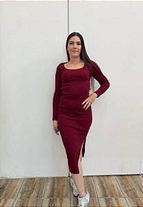 Vestido Ribana Recorte U Manga Longa Vinho