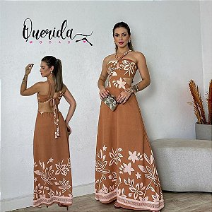 Vestido Floral Longo Bege