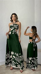Vestido Floral Longo Verde Militar