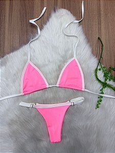 Biquini Fita Duplo Rosa Alça Branco