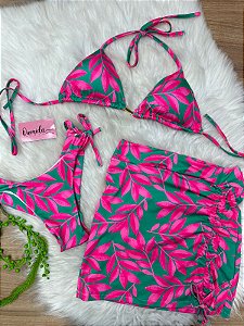 Biquini com Saia Amarração 3 peças Pink Com Verde