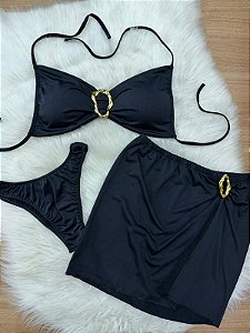 Biquini com Saia Suplex 3 peças Preto