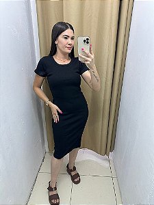Vestido Ribana Manga Preto