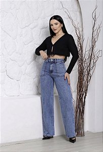 Calça Jeans Wide Leg Estonada bolso faca