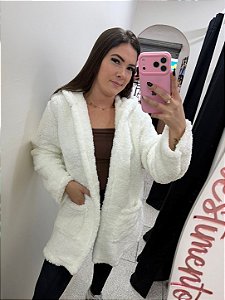 Casaco Teddy Alongado com Bolsos – Branco Off-White